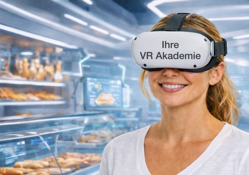 Mitarbeiterin mit VR-Brille im Verkaufsraum einer Bäckerei